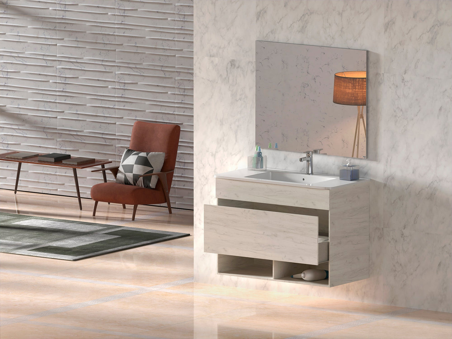 Mobile da bagno con gambe NEBARI con cassetto e lavabo extraplano