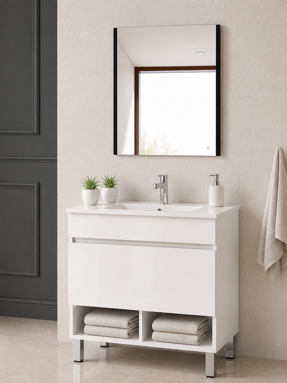 Mobile da bagno con gambe NEBARI con cassetto e lavabo extraplano
