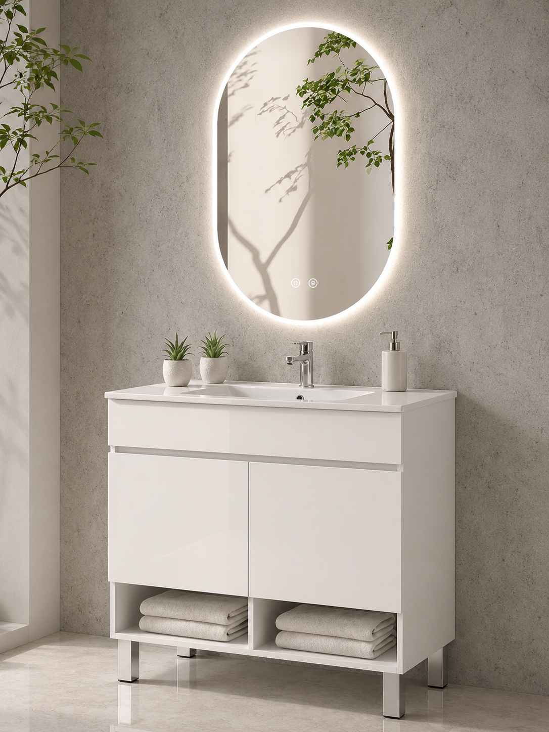 Mobile da bagno con gambe NEBARI con porte e lavabo extraplano