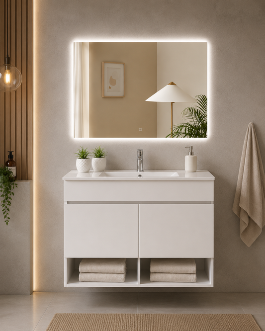 Mobile da bagno sospeso NEBARI con porte e lavabo extraplano