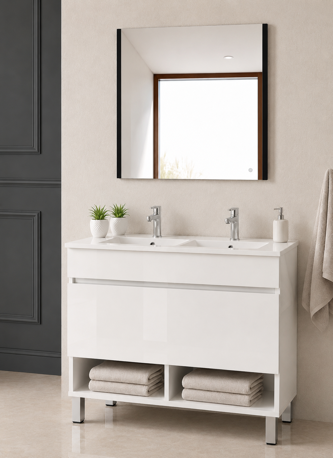 Mobile da bagno con gambe NEBARI con cassetto e lavabo extraplano