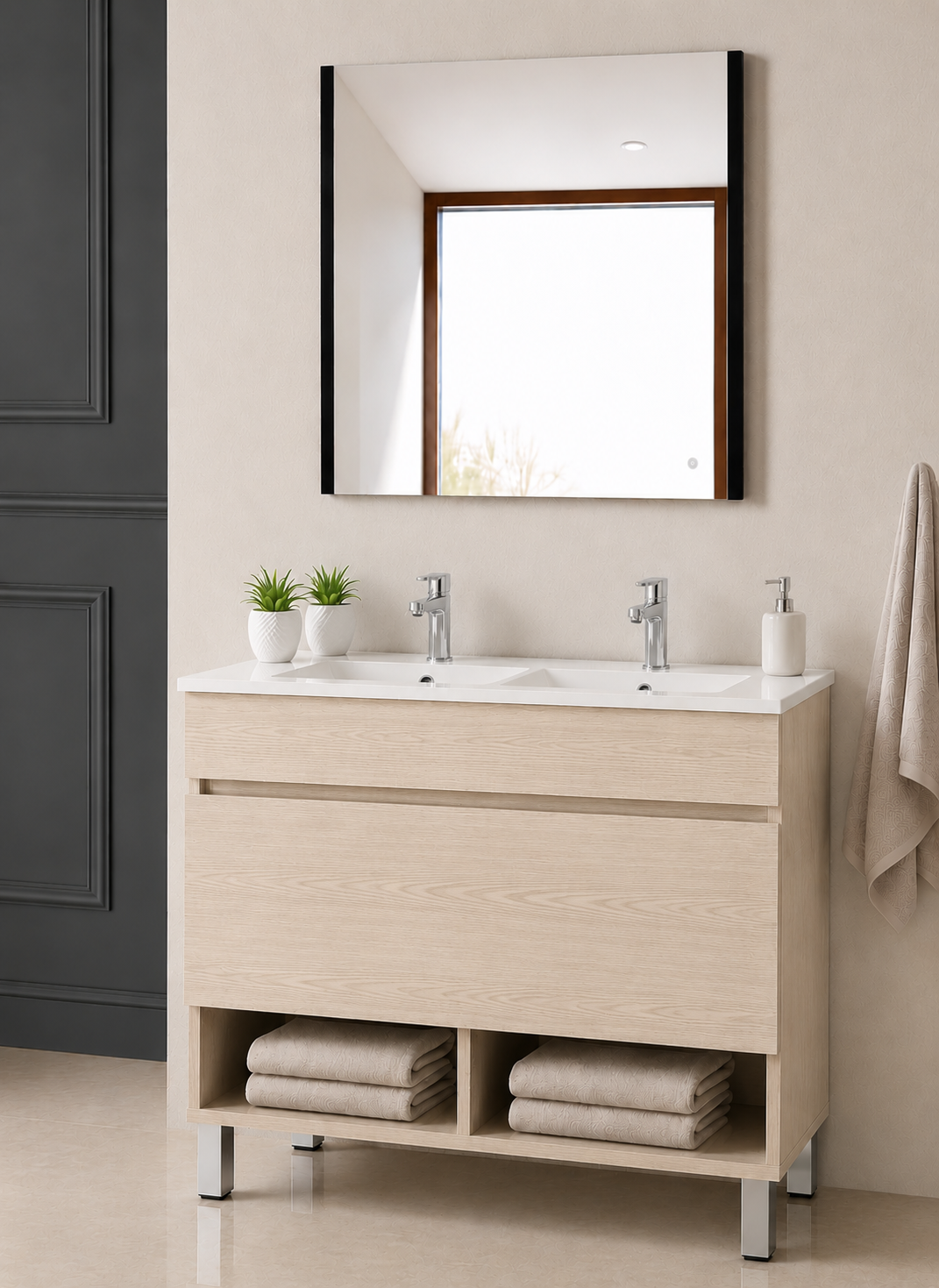 Mobile da bagno con gambe NEBARI con cassetto e lavabo extraplano