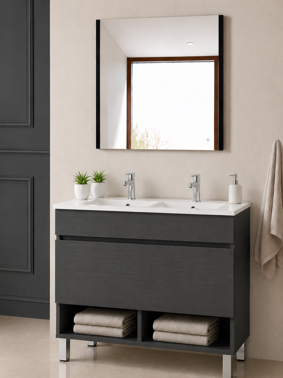 Mobile da bagno con gambe NEBARI con cassetto e lavabo extraplano