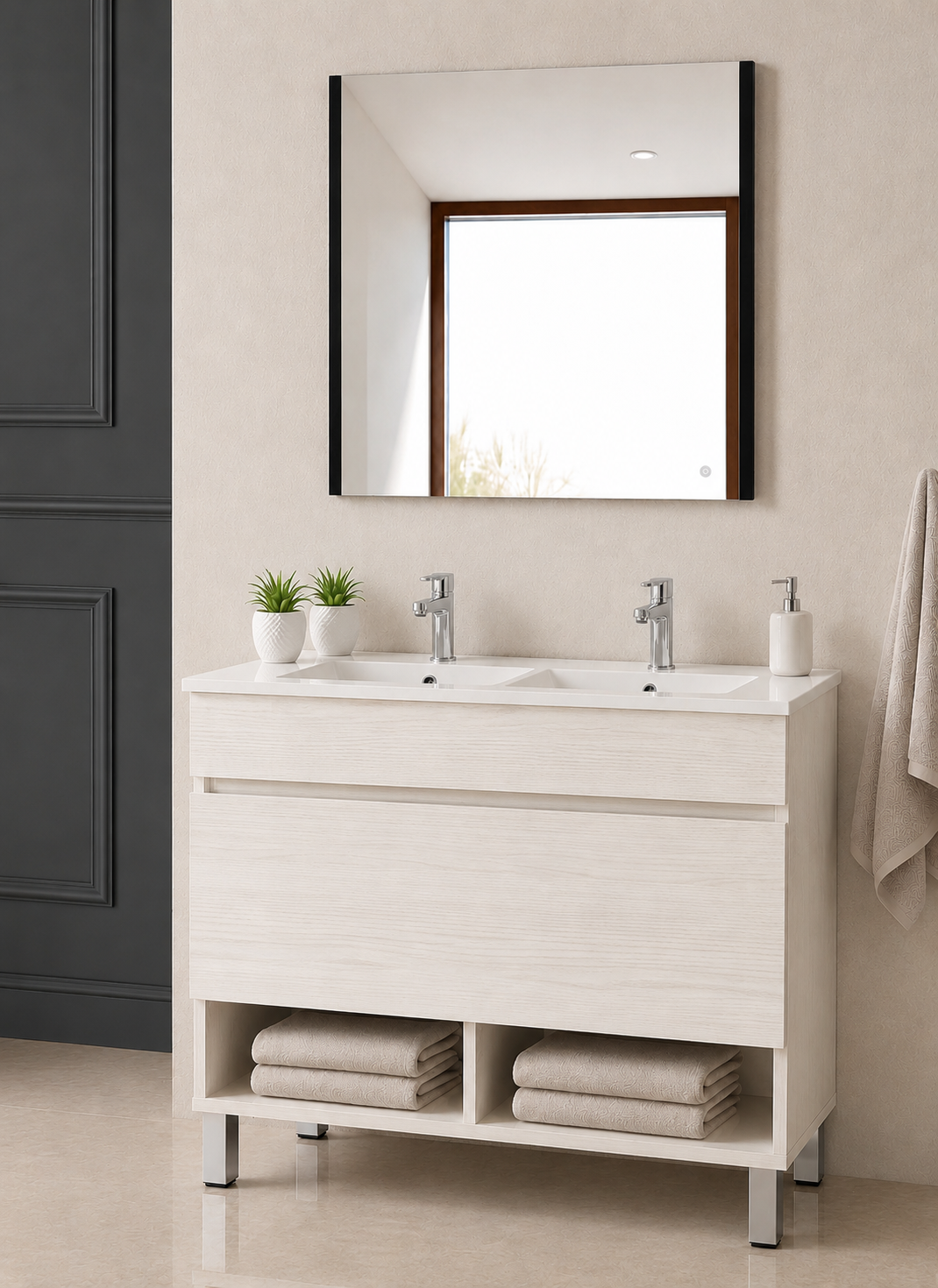 Mobile da bagno con gambe NEBARI con cassetto e lavabo extraplano