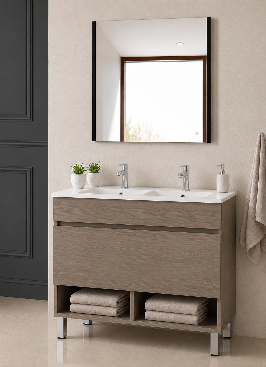 Mobile da bagno con gambe NEBARI con cassetto e lavabo extraplano