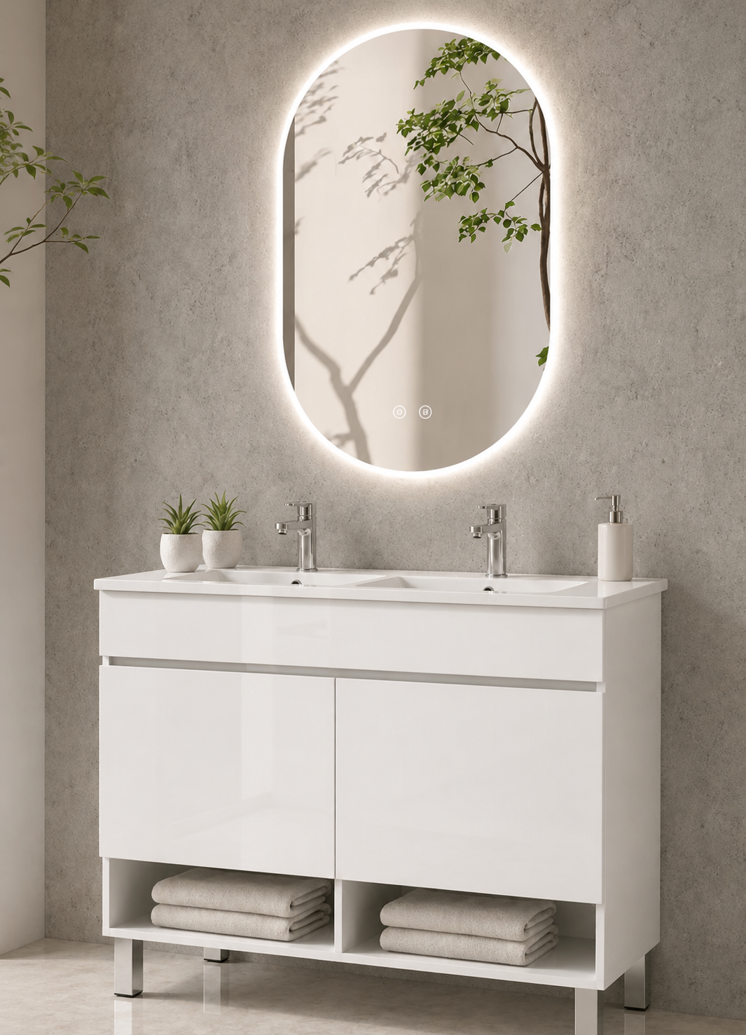 Mobile da bagno con gambe NEBARI con porte e lavabo extraplano