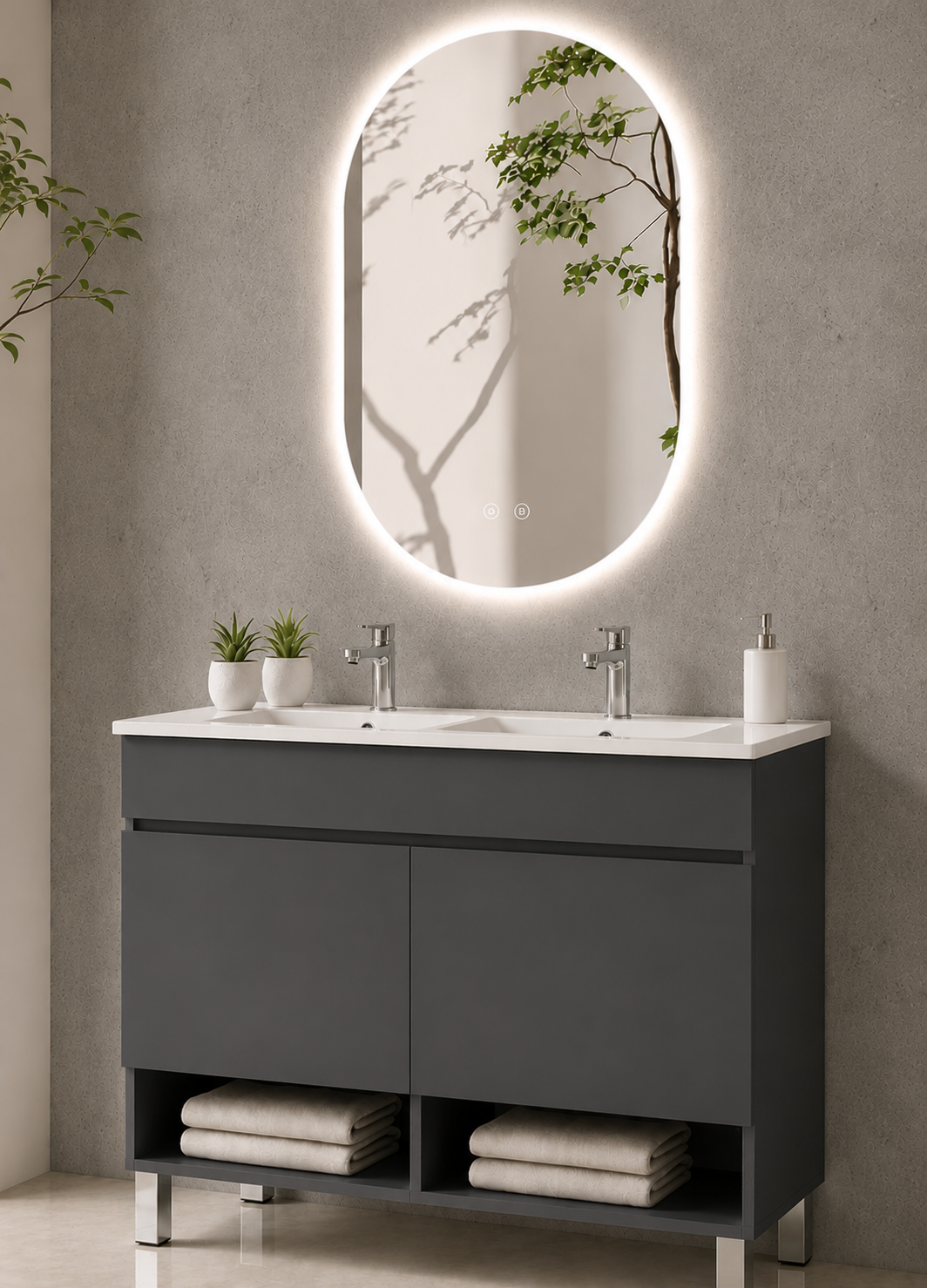 Mobile da bagno con gambe NEBARI con porte e lavabo extraplano