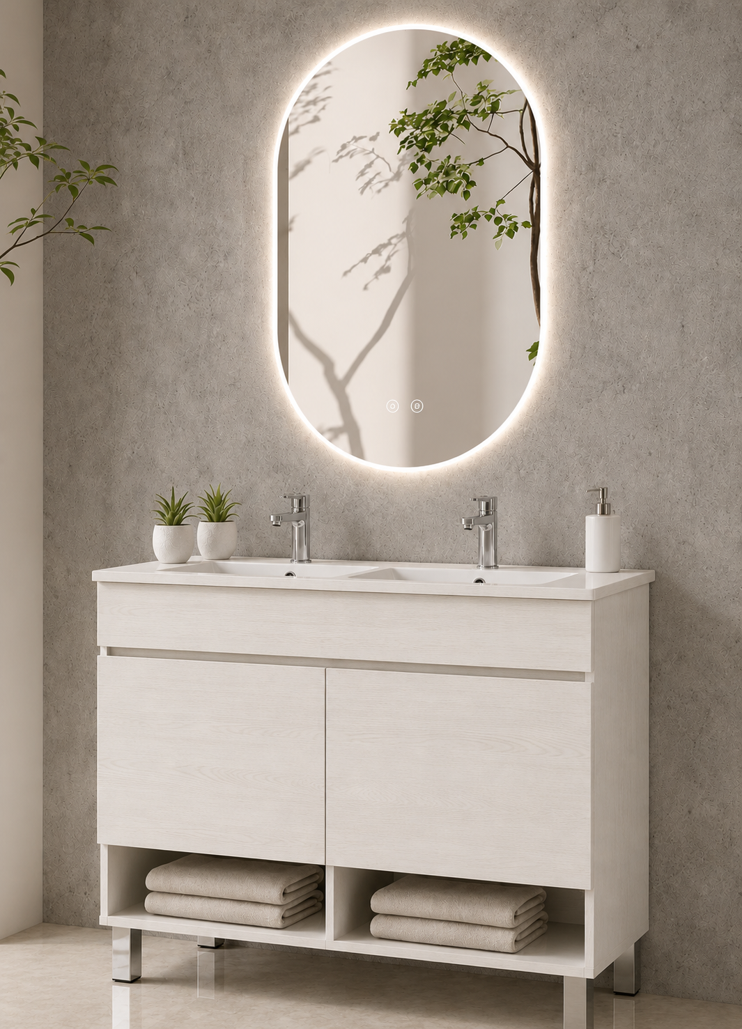 Mobile da bagno con gambe NEBARI con porte e lavabo extraplano
