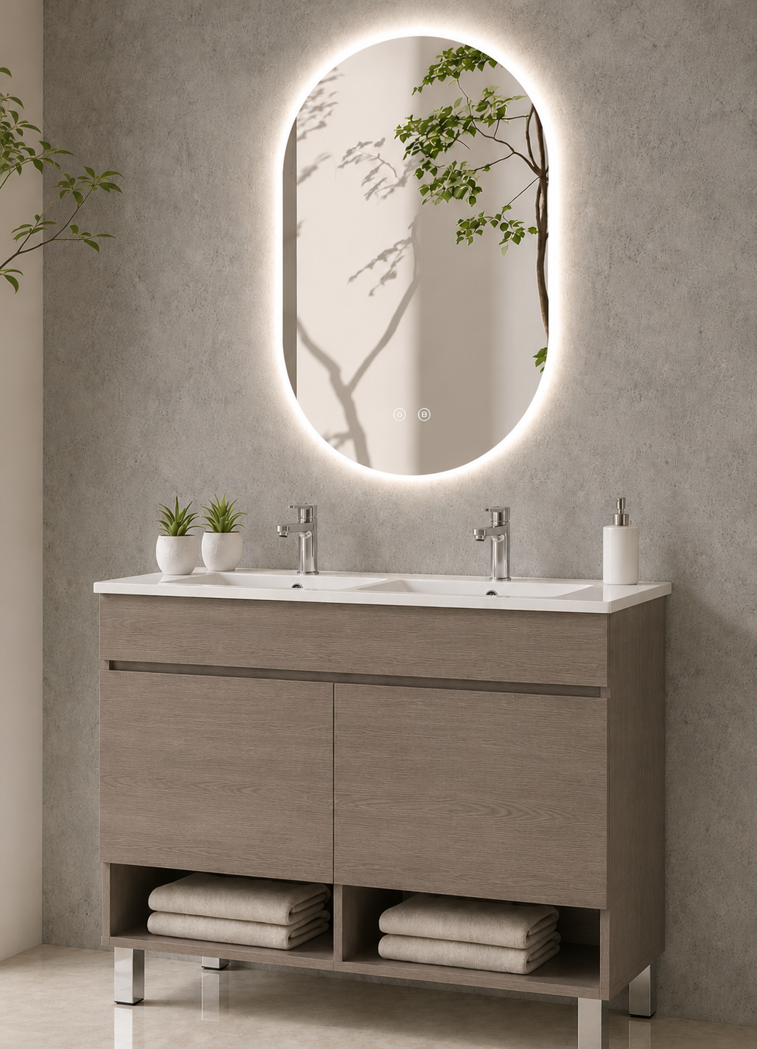 Mobile da bagno con gambe NEBARI con porte e lavabo extraplano