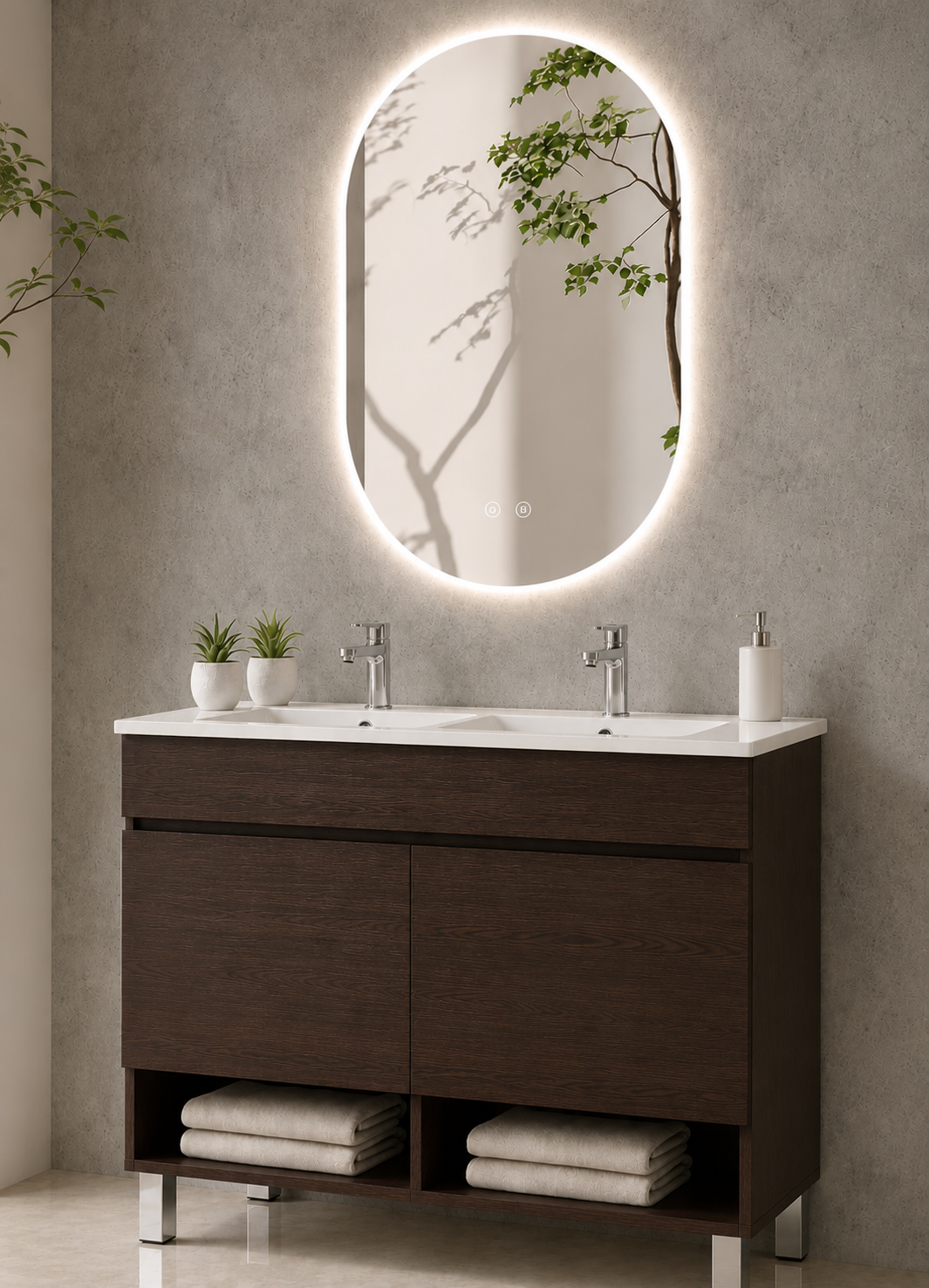 Mobile da bagno con gambe NEBARI con porte e lavabo extraplano