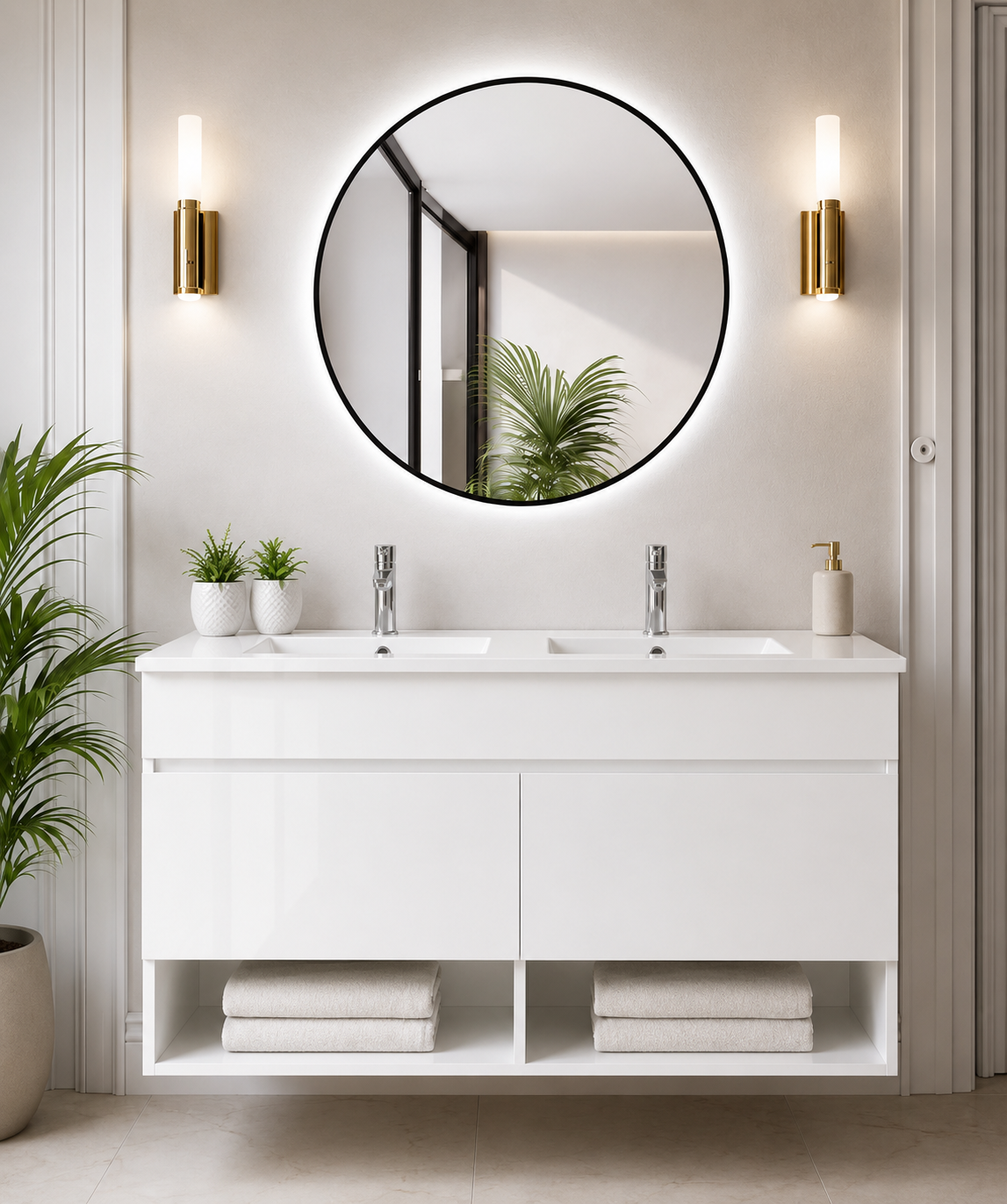 Mobile da bagno sospeso NEBARI con porte e lavabo extraplano
