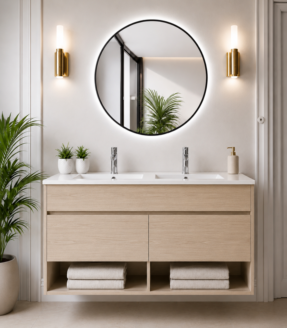 Mobile da bagno con gambe NEBARI con porte e lavabo extraplano
