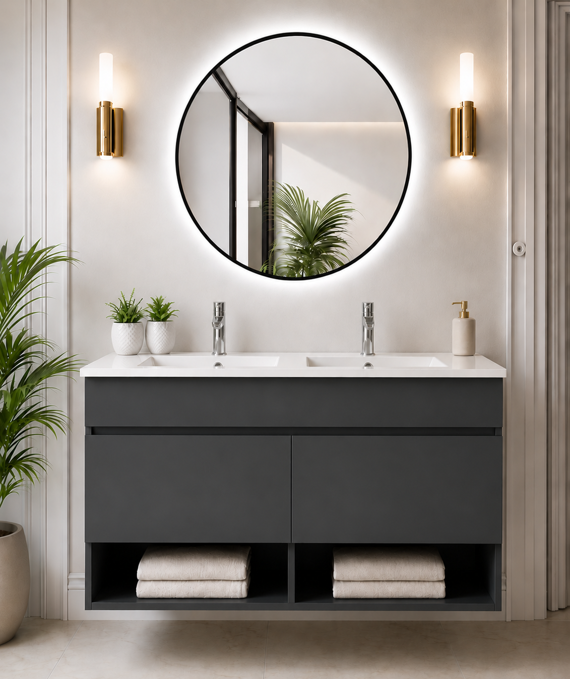 Mobile da bagno sospeso NEBARI con porte e lavabo extraplano