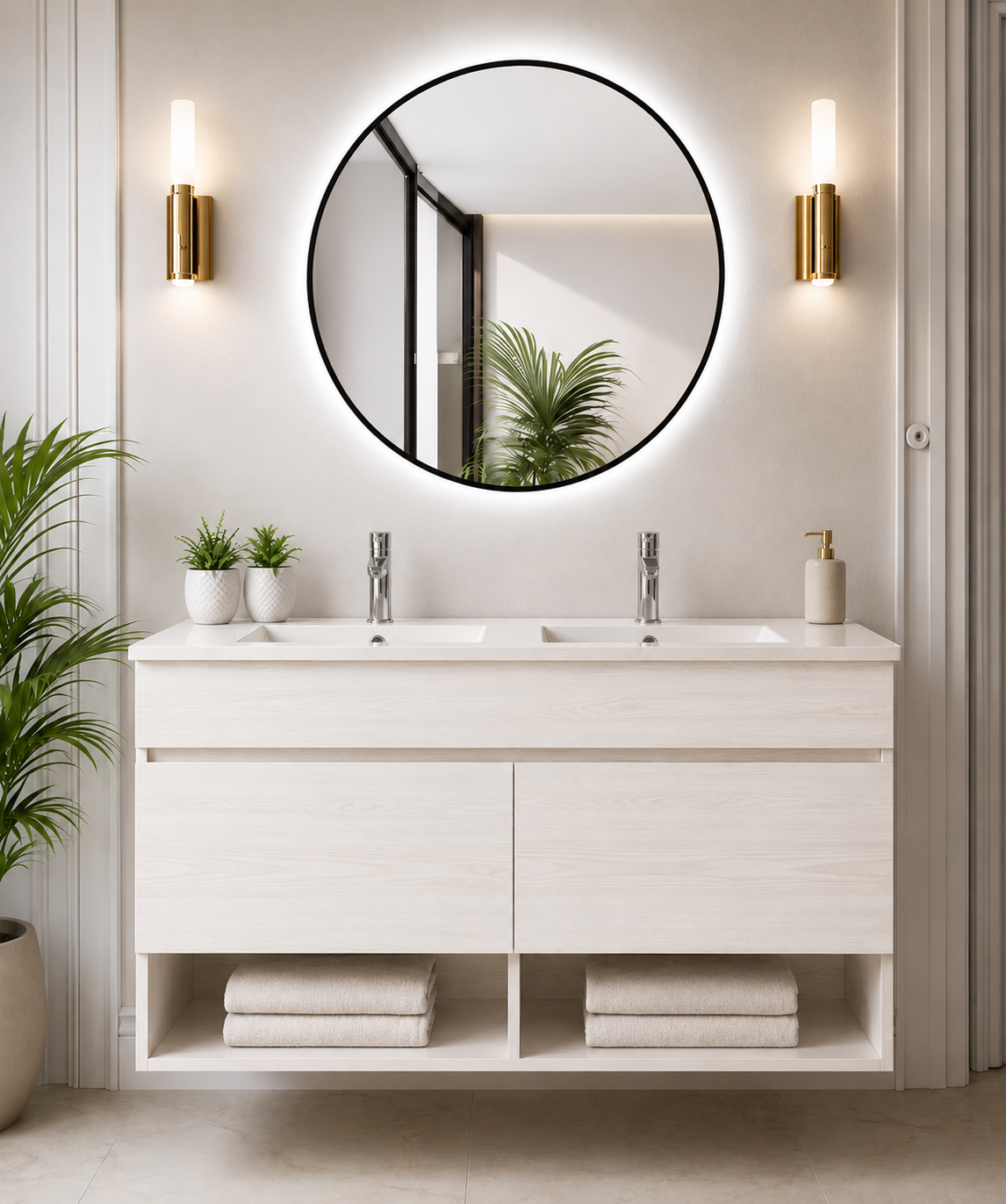 Mobile da bagno sospeso NEBARI con porte e lavabo extraplano