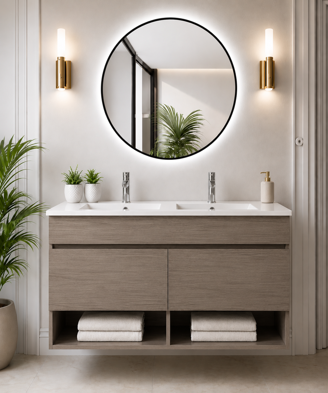 Mobile da bagno sospeso NEBARI con porte e lavabo extraplano