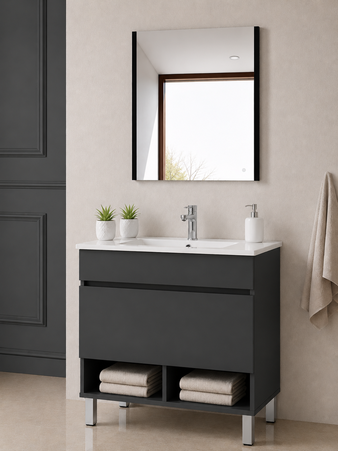 Mobile da bagno con gambe NEBARI con cassetto e lavabo extraplano
