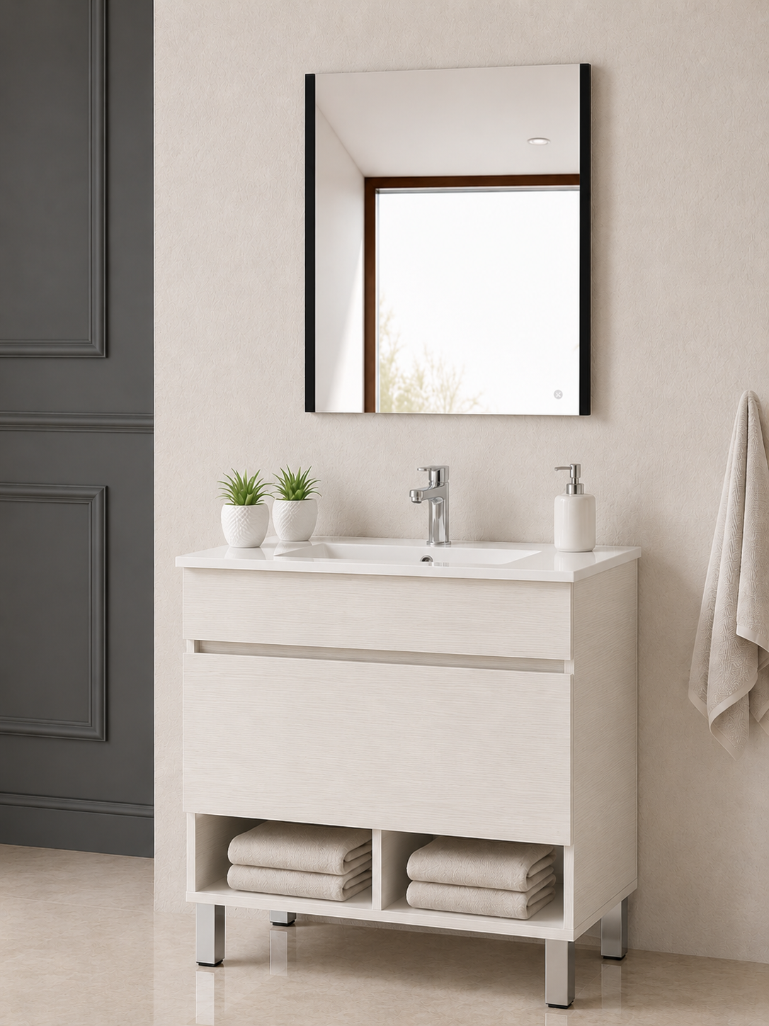 Mobile da bagno con gambe NEBARI con cassetto e lavabo extraplano