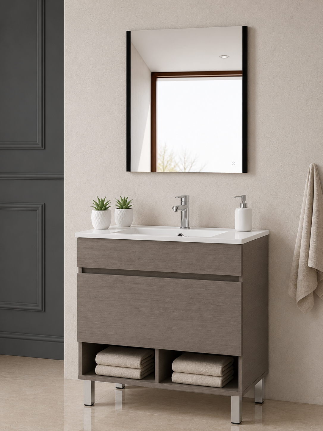 Mobile da bagno con gambe NEBARI con cassetto e lavabo extraplano