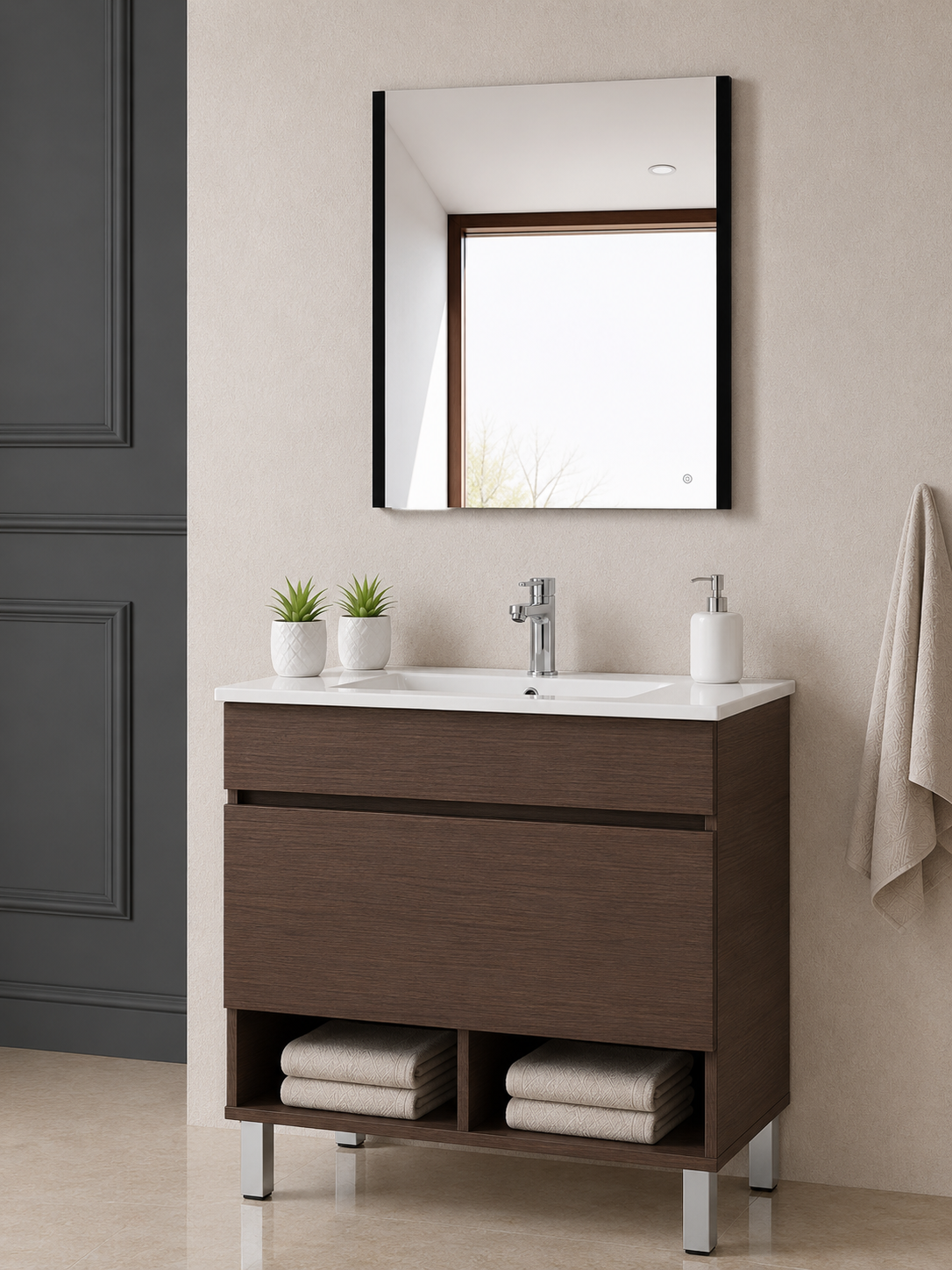 Mobile da bagno con gambe NEBARI con cassetto e lavabo extraplano