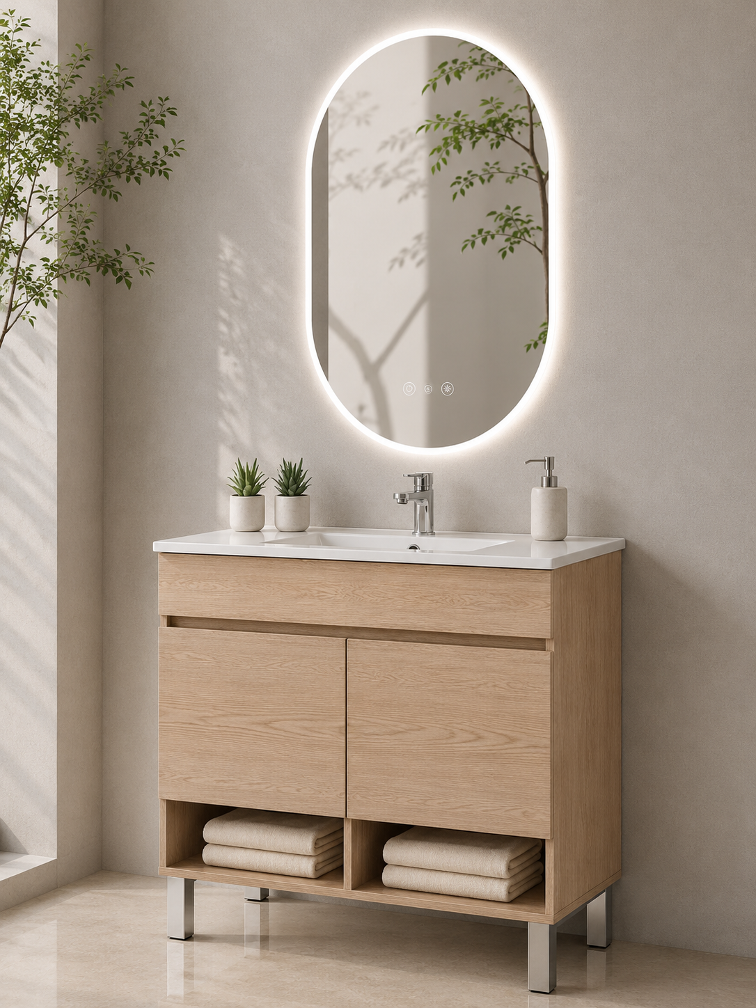 Mobile da bagno con gambe NEBARI con porte e lavabo extraplano