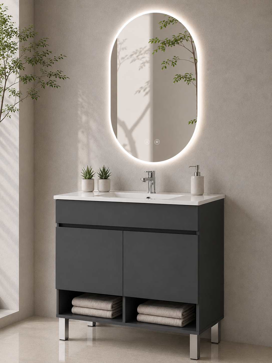 Mobile da bagno con gambe NEBARI con porte e lavabo extraplano
