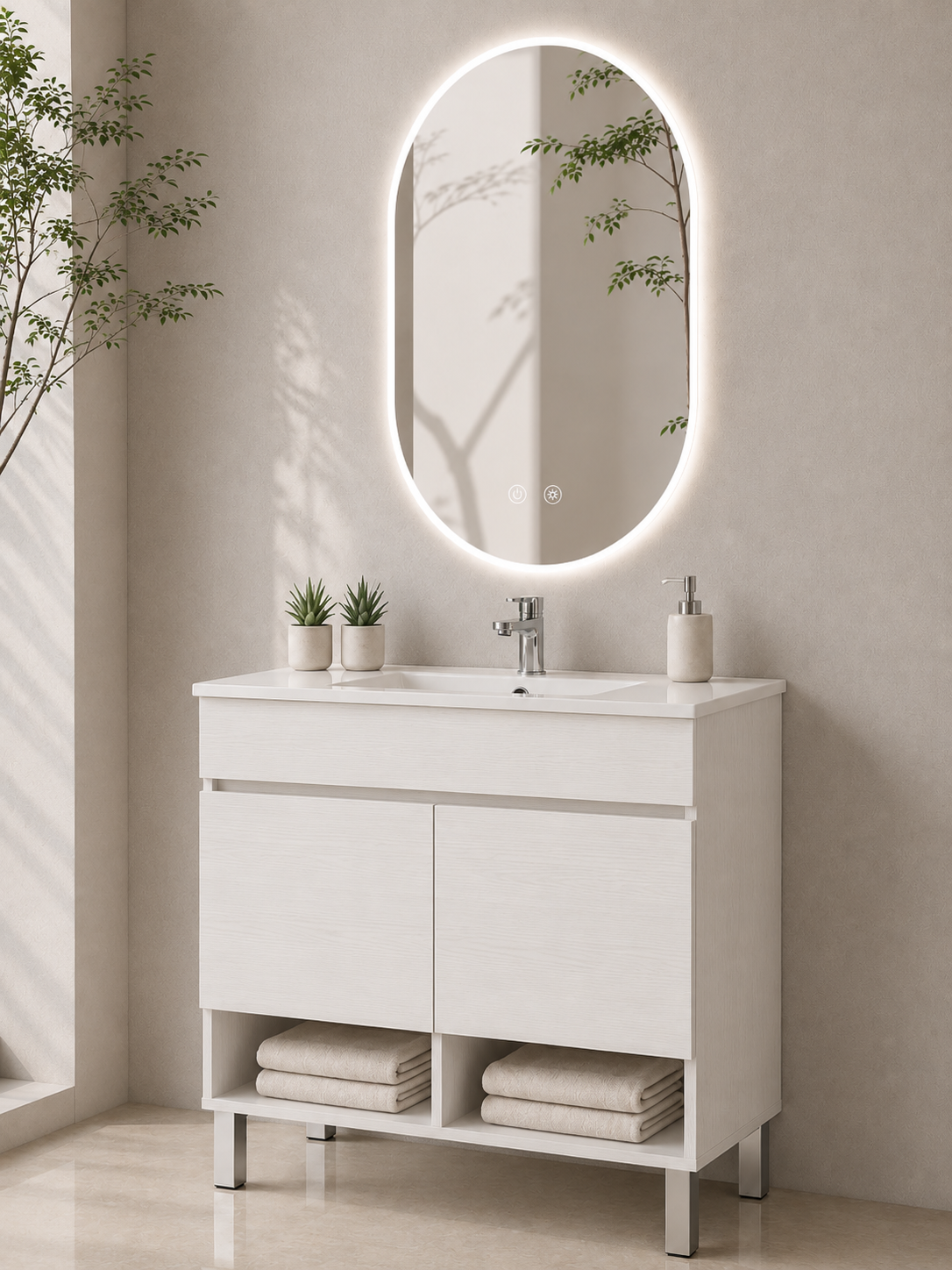 Mobile da bagno con gambe NEBARI con porte e lavabo extraplano