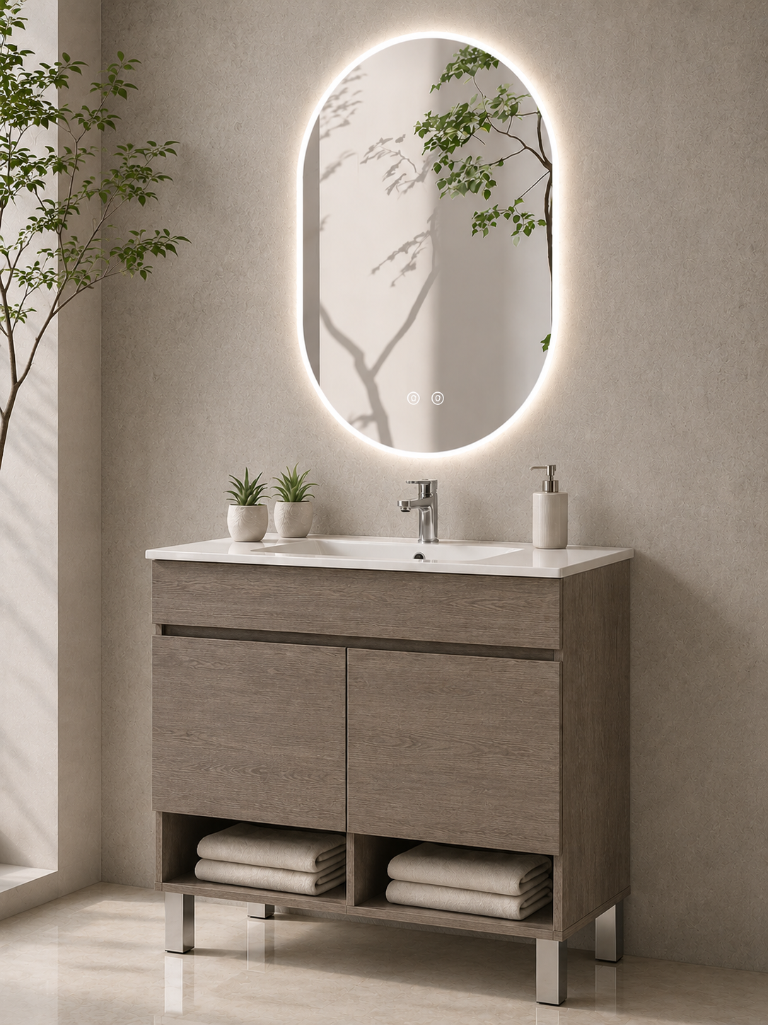 Mobile da bagno con gambe NEBARI con porte e lavabo extraplano