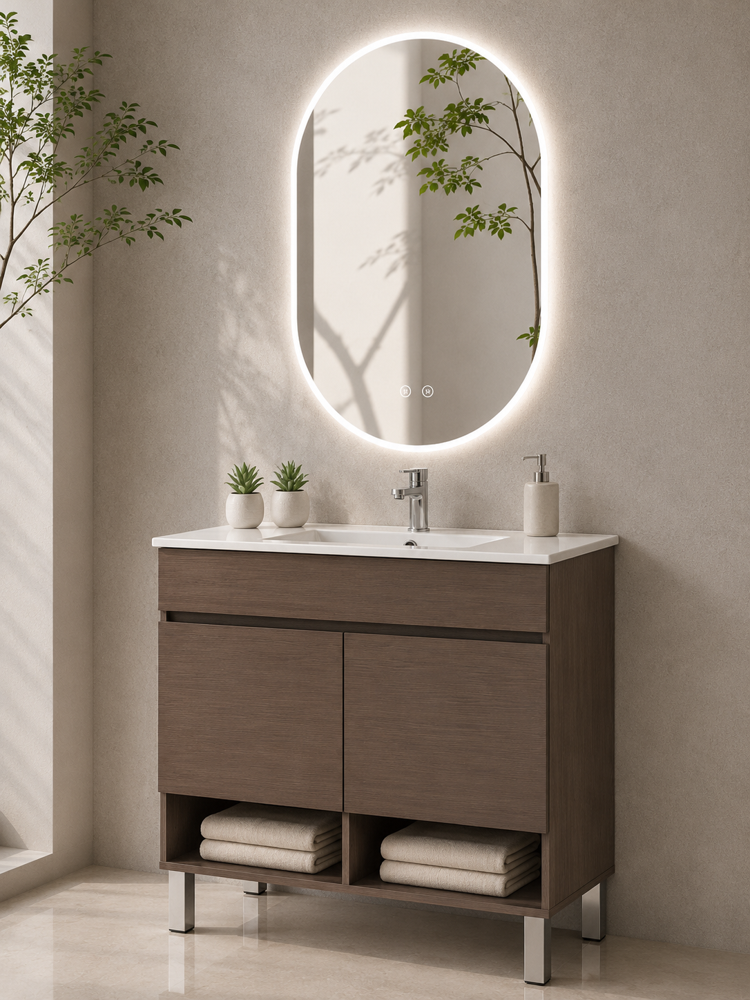 Mobile da bagno con gambe NEBARI con porte e lavabo extraplano
