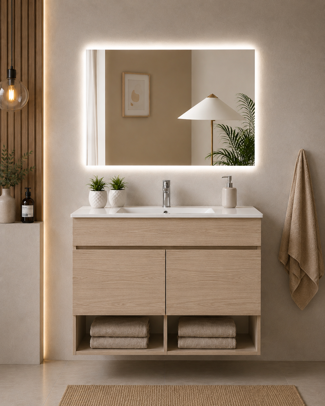 Mobile da bagno sospeso NEBARI con porte e lavabo extraplano