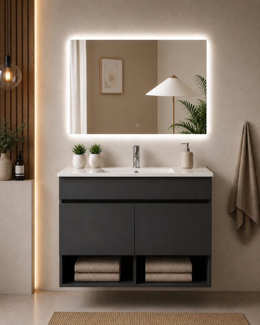 Mobile da bagno sospeso NEBARI con porte e lavabo extraplano