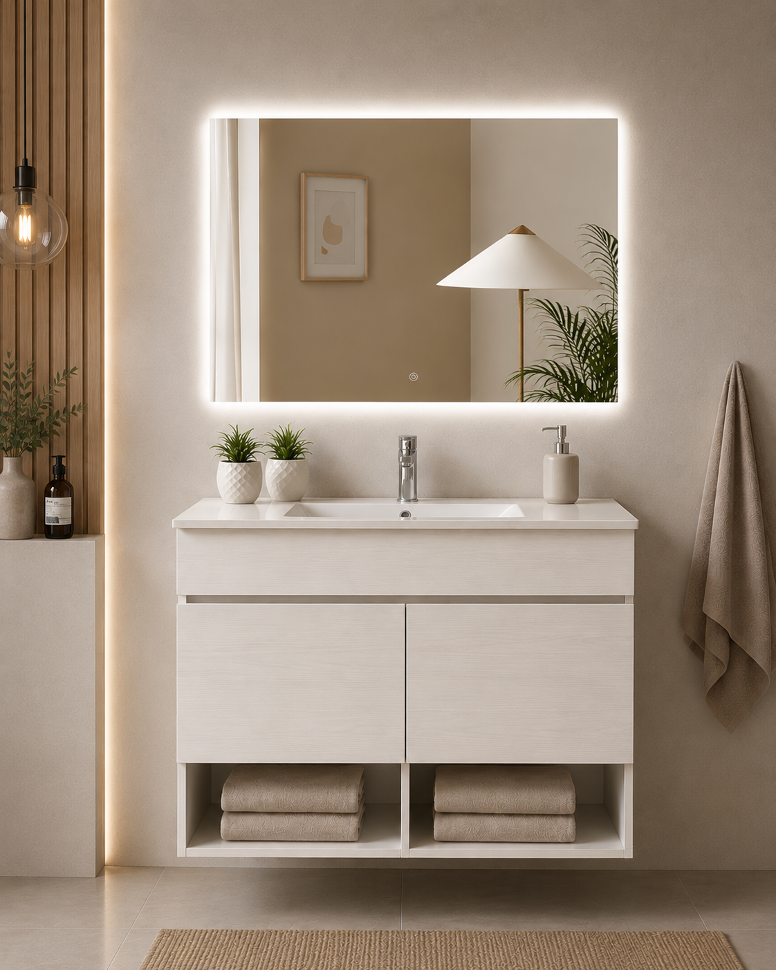 Mobile da bagno sospeso NEBARI con porte e lavabo extraplano