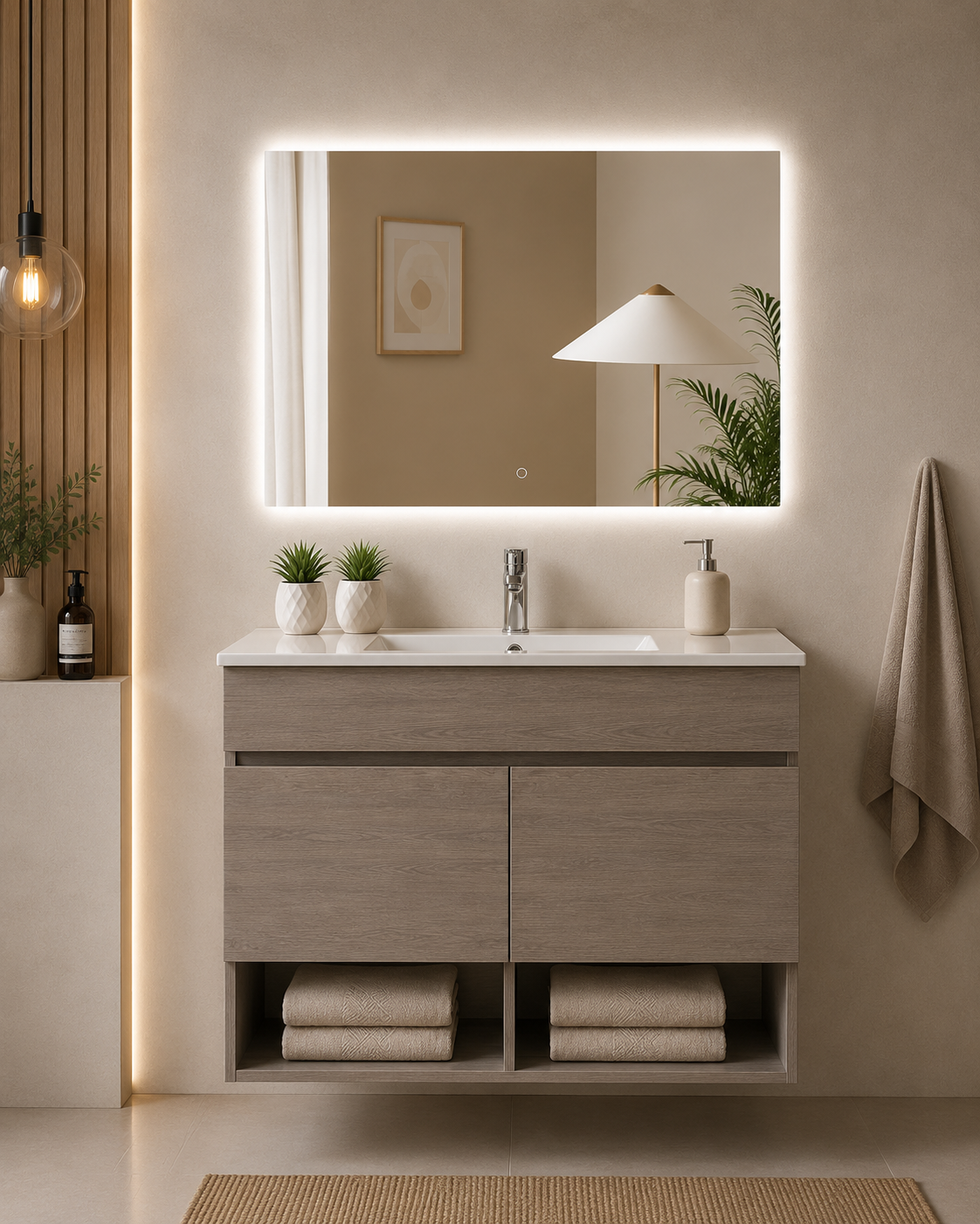 Mobile da bagno sospeso NEBARI con porte e lavabo extraplano