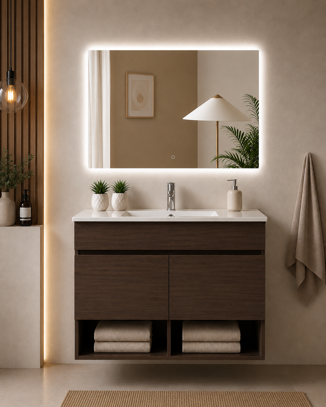 Mobile da bagno sospeso NEBARI con porte e lavabo extraplano