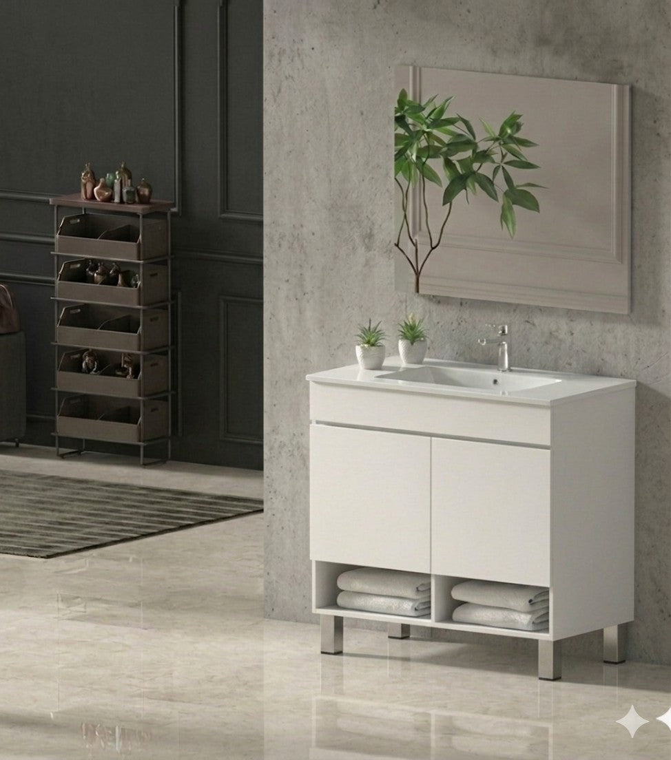 Mobile da bagno con gambe NEBARI con porte e lavabo extraplano