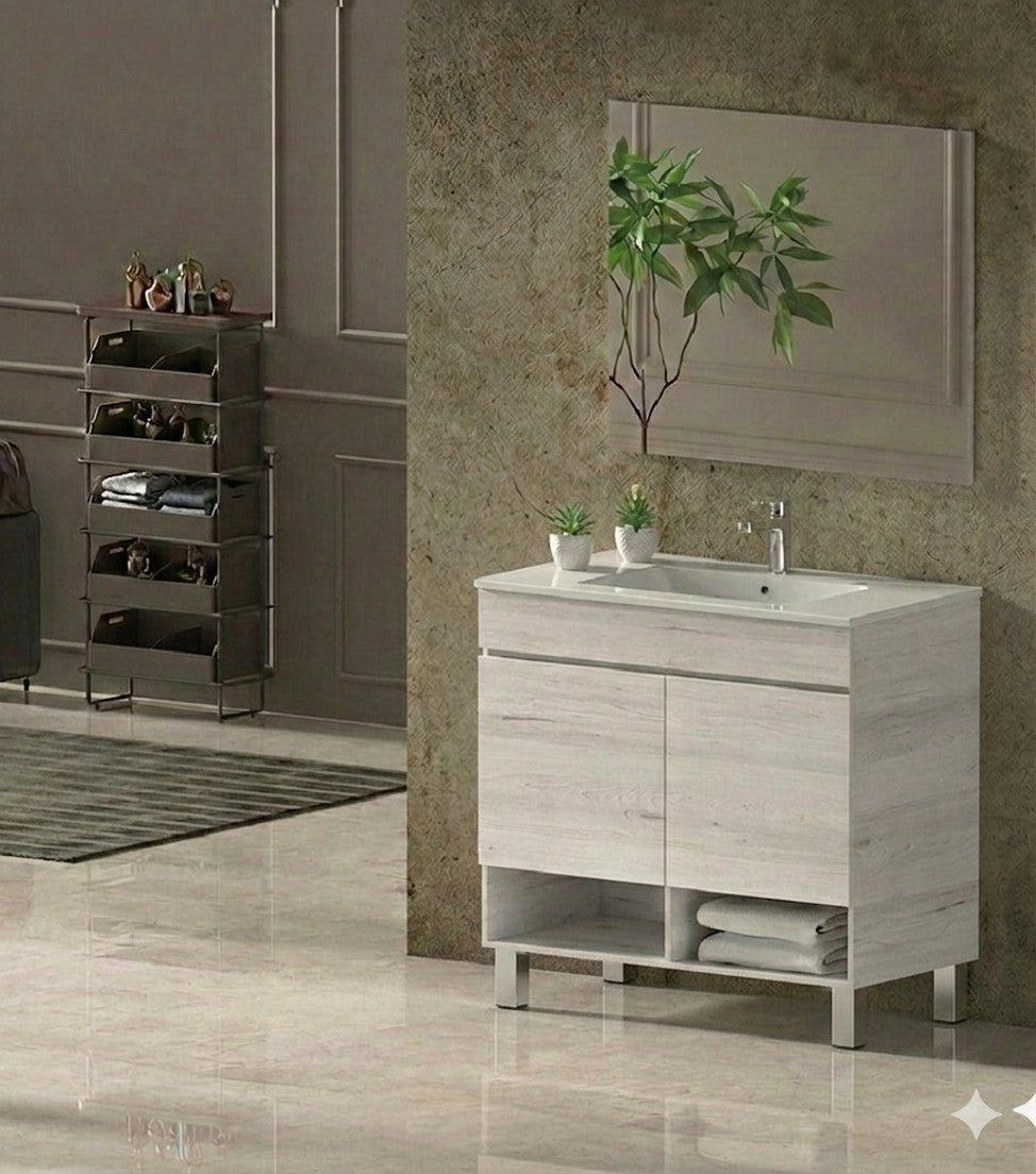 Mobile da bagno con gambe NEBARI con porte e lavabo extraplano
