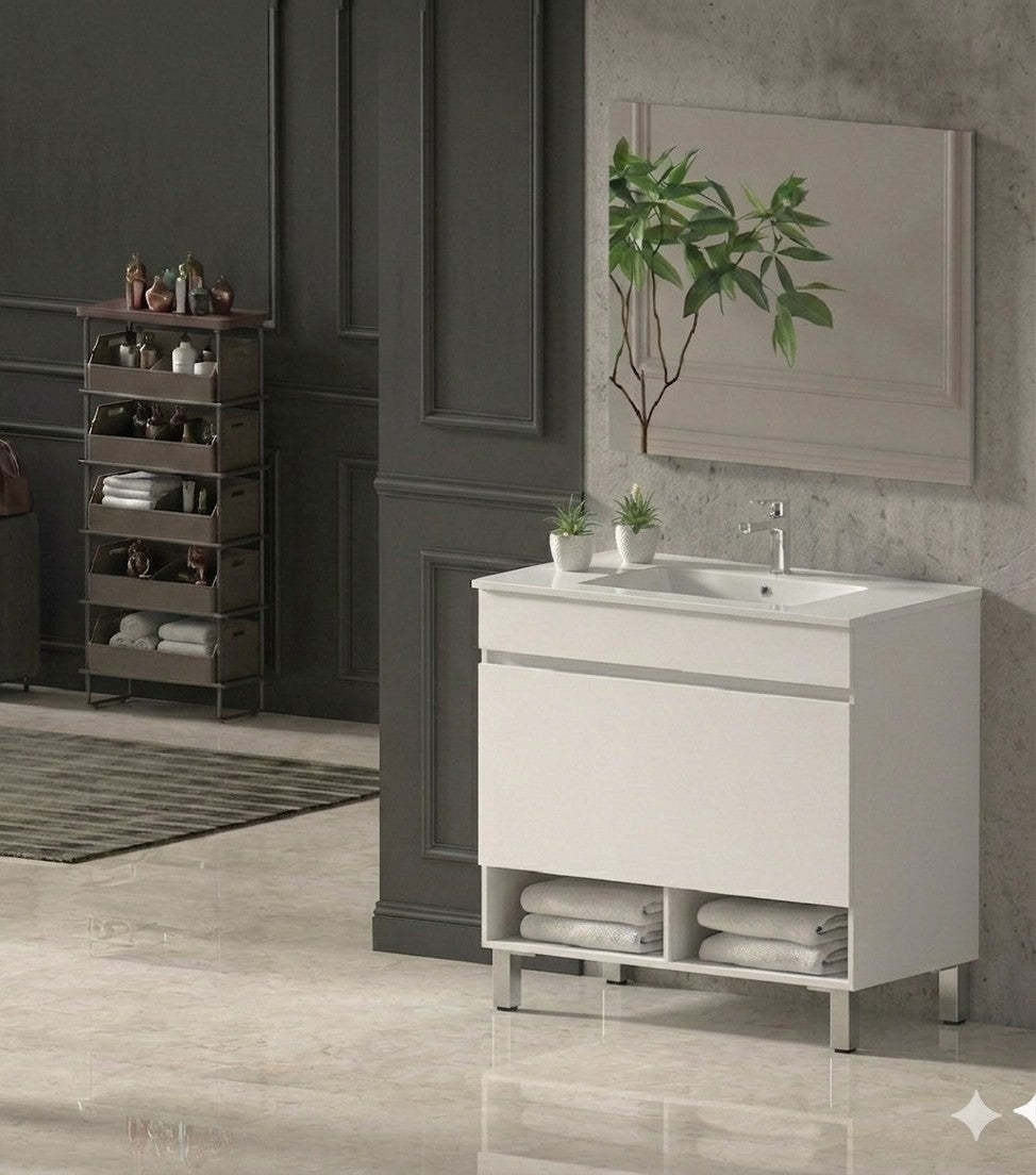 Mobile da bagno con gambe NEBARI con cassetto e lavabo extraplano