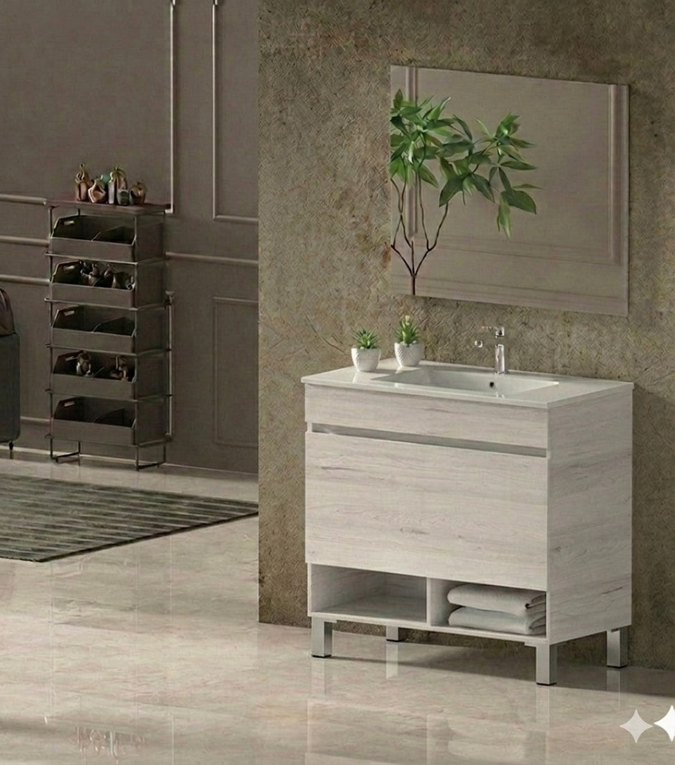 Mobile da bagno con gambe NEBARI con cassetto e lavabo extraplano