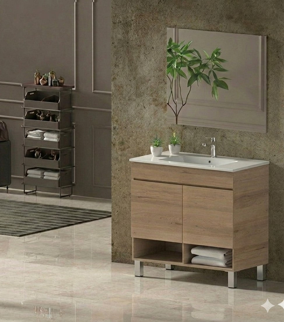 Mobile da bagno con gambe NEBARI con porte e lavabo extraplano