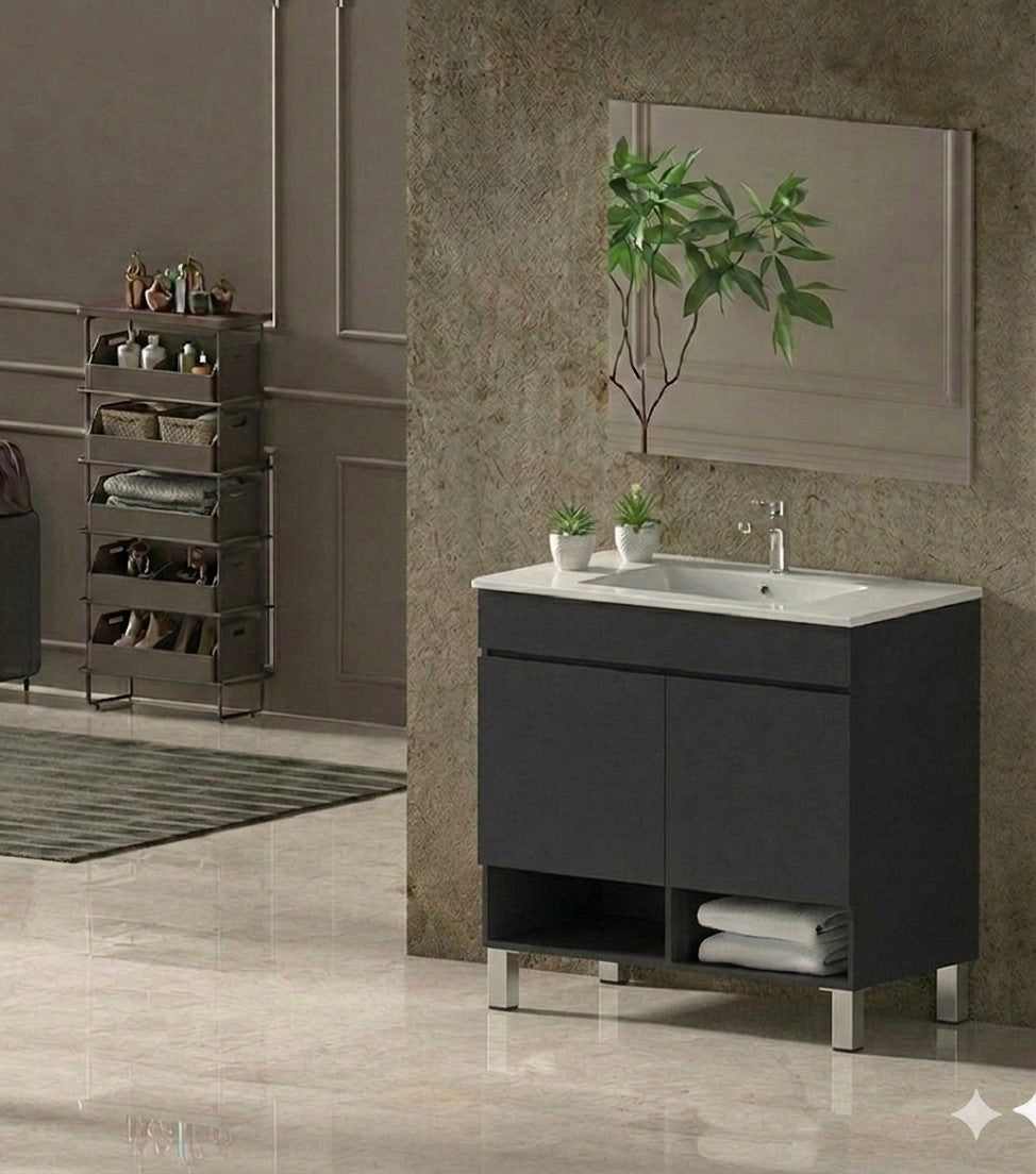 Mobile da bagno con gambe NEBARI con porte e lavabo extraplano