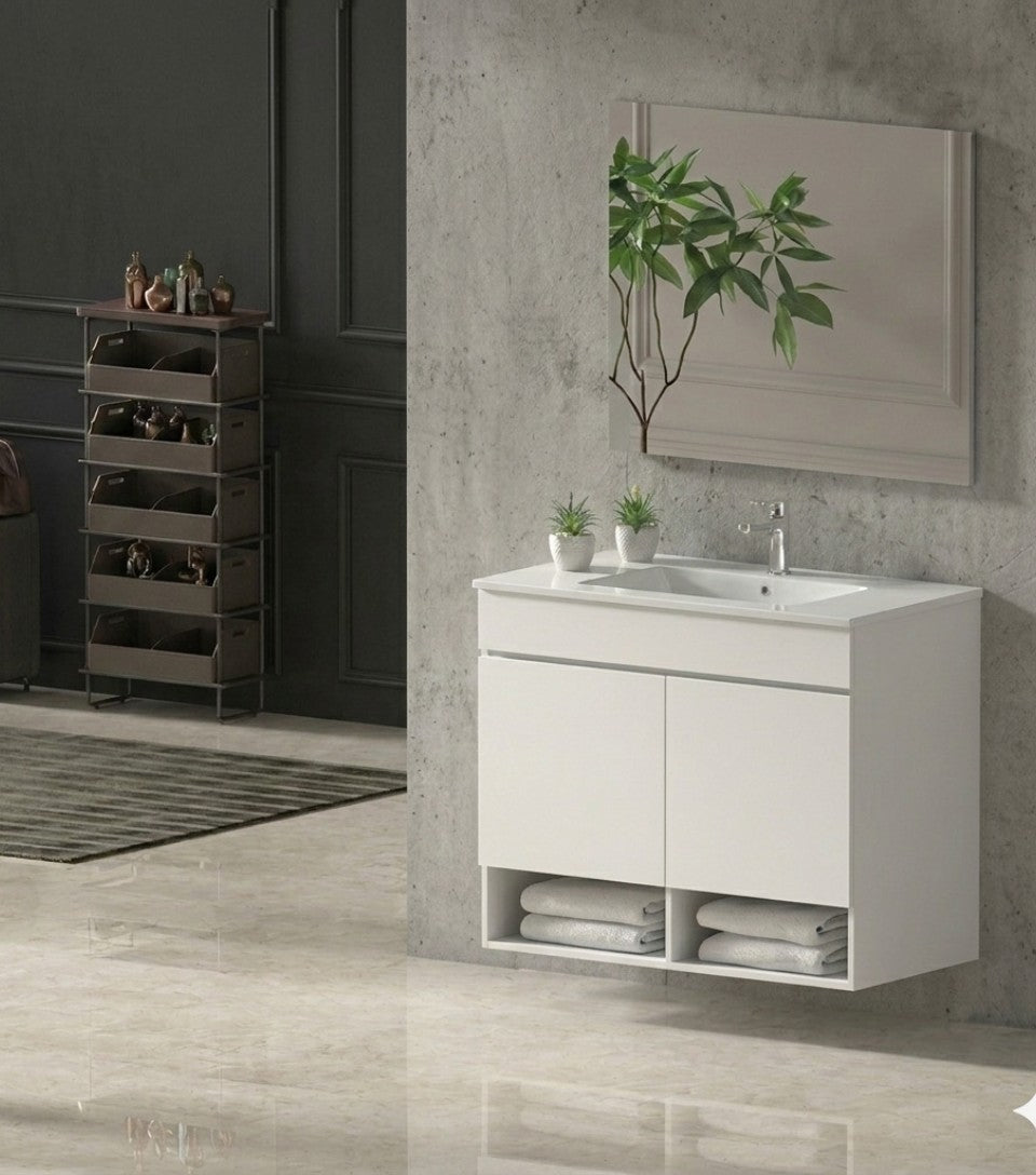 Mobile da bagno sospeso NEBARI con porte e lavabo extraplano
