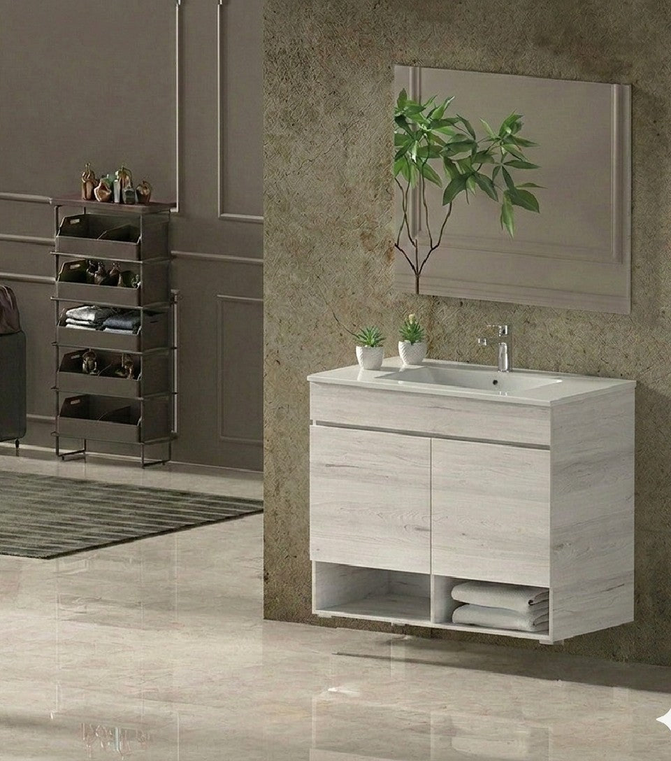 Mobile da bagno sospeso NEBARI con porte e lavabo extraplano