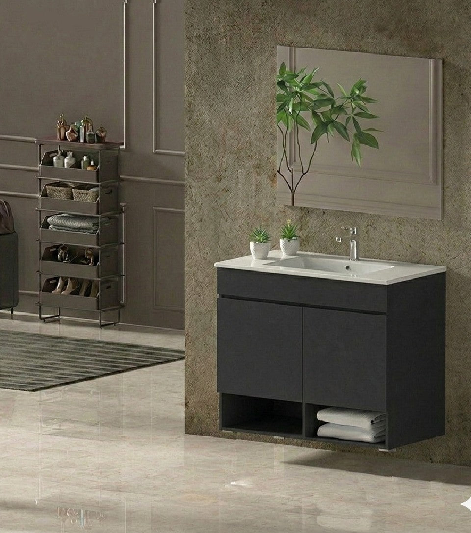 Mobile da bagno sospeso NEBARI con porte e lavabo extraplano