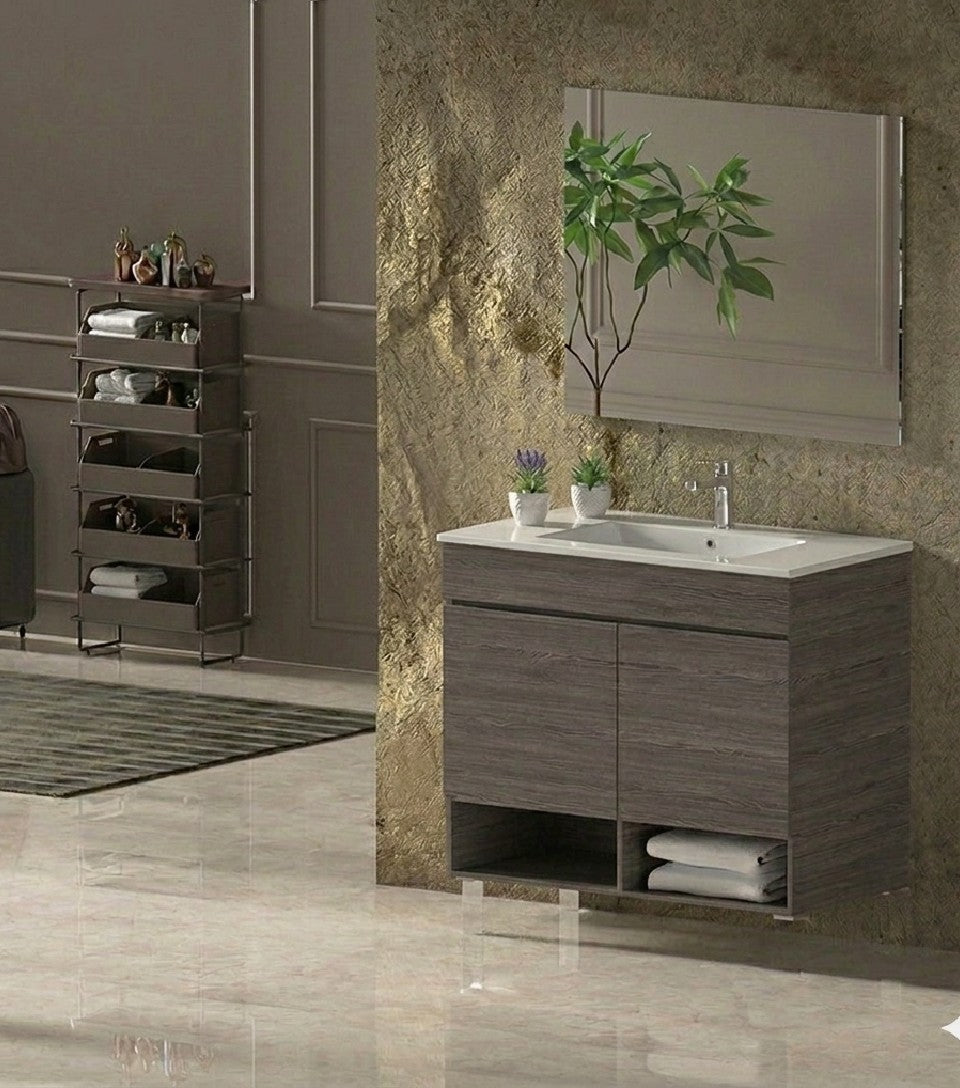 Mobile da bagno sospeso NEBARI con porte e lavabo extraplano